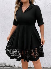 SHEIN Clasi Plus Contrast Lace Panel Dress - Black - View 1