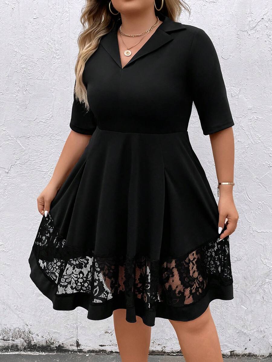 SHEIN Clasi Plus Contrast Lace Panel Dress - Black - View 1