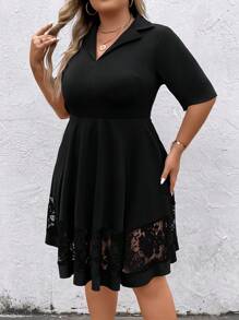 SHEIN Clasi Plus Contrast Lace Panel Dress - Black - View 5