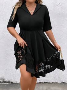 SHEIN Clasi Plus Contrast Lace Panel Dress - Black - View 3
