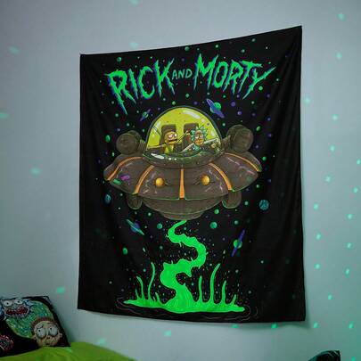 Rick and Morty X SHEIN Letter And Spaceship Pattern Tapestry Wall Hanging
