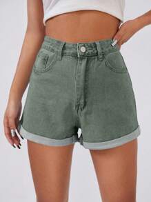 Roll Up Hem Denim Shorts - Green - View 6