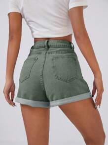 Roll Up Hem Denim Shorts - Green - View 3