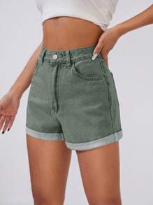Roll Up Hem Denim Shorts - Green - View 2