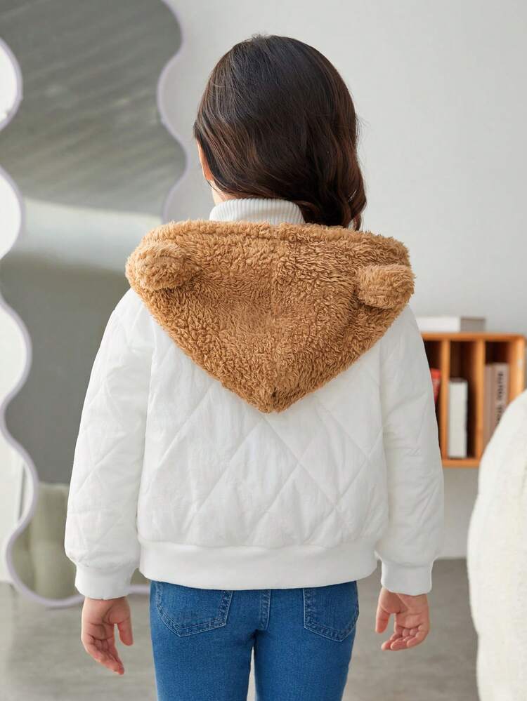 Young Girl Letter Patched Drop Shoulder Hooded Quilted Coat