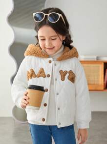 SHEIN Young Girl Letter Patched Drop Shoulder Hooded Quilted Coat - White - View 4