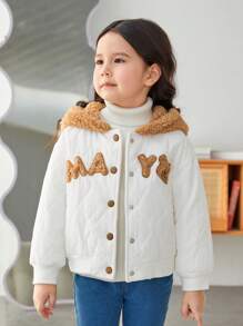 SHEIN Young Girl Letter Patched Drop Shoulder Hooded Quilted Coat - White - View 5