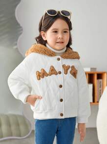 SHEIN Young Girl Letter Patched Drop Shoulder Hooded Quilted Coat - White - View 6