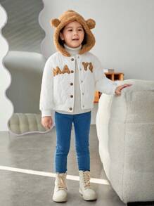 SHEIN Young Girl Letter Patched Drop Shoulder Hooded Quilted Coat - White - View 7