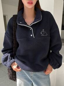 DAZY Cartoon Embroidery Half Zip Sweatshirt - Navy Blue - View 2