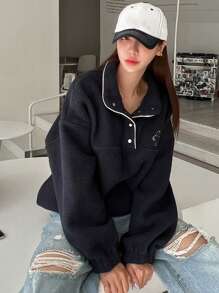 DAZY Cartoon Embroidery Half Zip Sweatshirt - Navy Blue - View 3