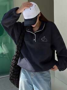 DAZY Cartoon Embroidery Half Zip Sweatshirt - Navy Blue - View 5