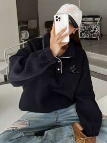 DAZY Cartoon Embroidery Half Zip Sweatshirt - Navy Blue - View 6