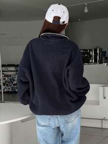 DAZY Cartoon Embroidery Half Zip Sweatshirt - Navy Blue - View 8