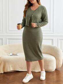 SHEIN Frenchy Plus Ribbed Knit Jacket & Dress Co-Ords - Green - View 4