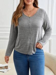 SHEIN Frenchy Talla grande Cazadora con botón delantero - Gris - Ver 4