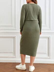 SHEIN Frenchy Plus Ribbed Knit Jacket & Dress Co-Ords - Green - View 2