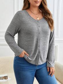 SHEIN Frenchy Talla grande Cazadora con botón delantero - Gris - Ver 7