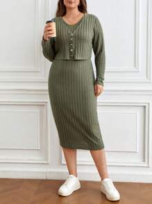SHEIN Frenchy Plus Ribbed Knit Jacket & Dress Co-Ords - Green - View 3