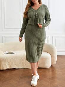 SHEIN Frenchy Plus Ribbed Knit Jacket & Dress Co-Ords - Green - View 1