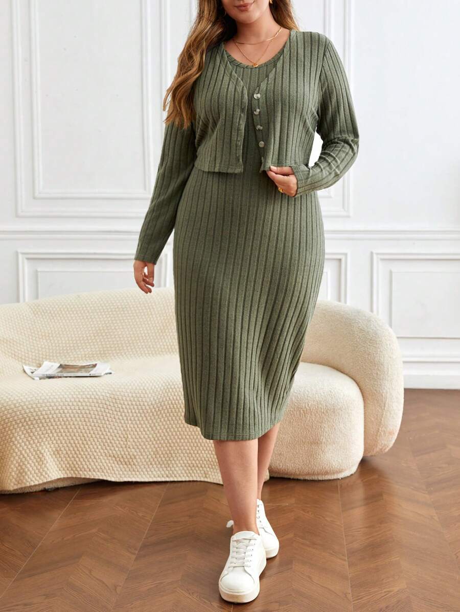 SHEIN Frenchy Plus Ribbed Knit Jacket & Dress Co-Ords - Green - View 1
