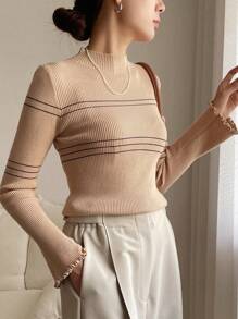 DAZY 條紋圖案小高領條紋針織套頭毛衣 - 卡其色 - 查看 2