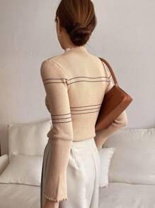 DAZY 條紋圖案小高領條紋針織套頭毛衣 - 卡其色 - 查看 3