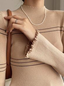 DAZY 條紋圖案小高領條紋針織套頭毛衣 - 卡其色 - 查看 4