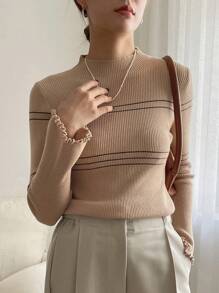 DAZY 條紋圖案小高領條紋針織套頭毛衣 - 卡其色 - 查看 6