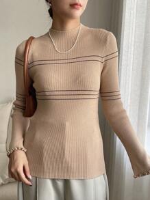 DAZY 條紋圖案小高領條紋針織套頭毛衣 - 卡其色 - 查看 7