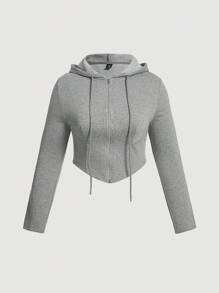 SHEIN MOD 加大码拉链抽绳卫衣 - 淺灰色 - 查看 1