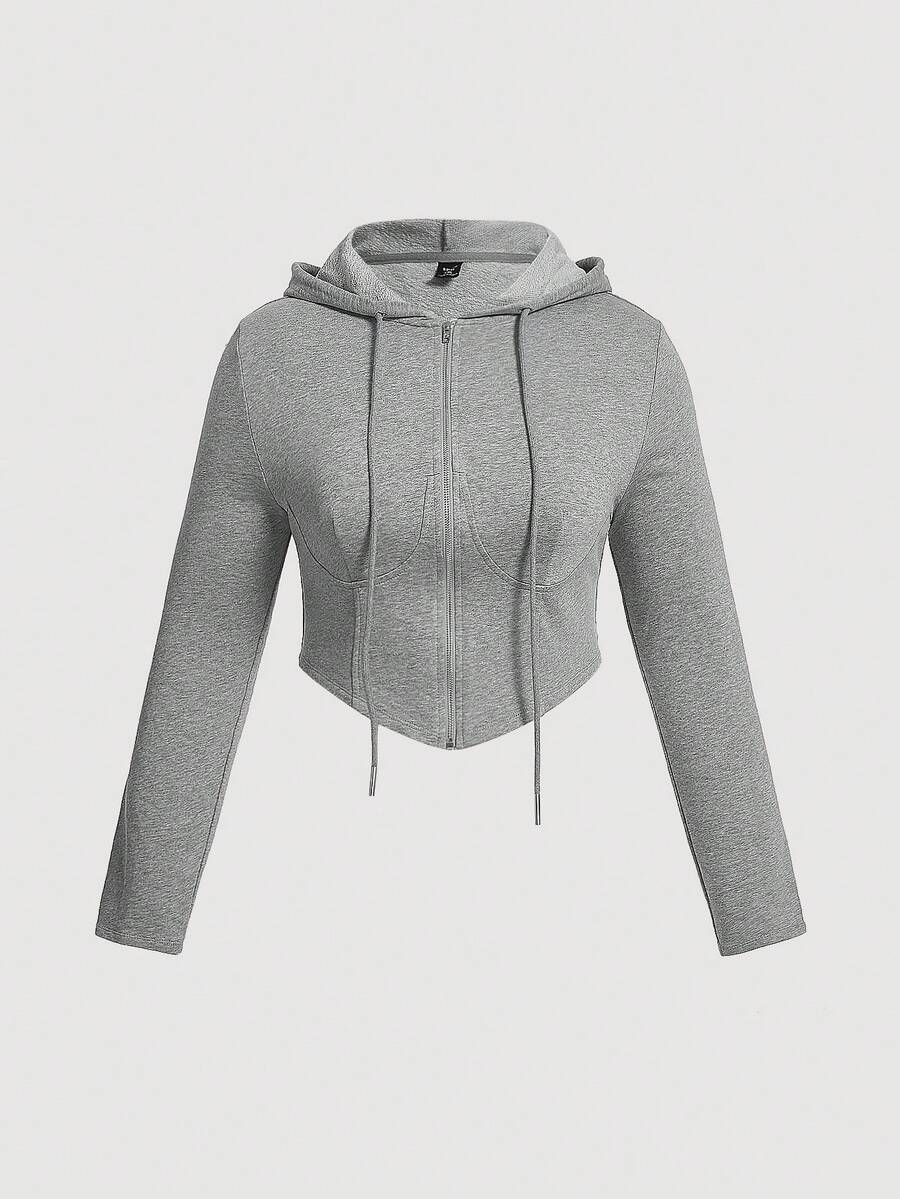 SHEIN MOD 加大码拉链抽绳卫衣 - 淺灰色 - 查看 1