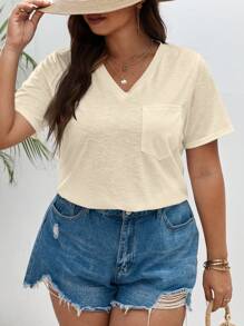SHEIN Frenchy Plus Solid Pocket Patched Tee - Apricot - View 1