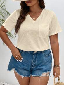 SHEIN Frenchy Plus Solid Pocket Patched Tee - Apricot - View 4