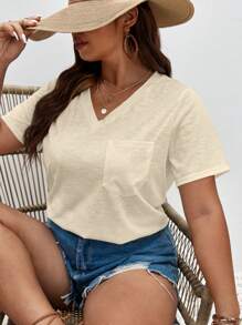 SHEIN Frenchy Plus Solid Pocket Patched Tee - Apricot - View 5