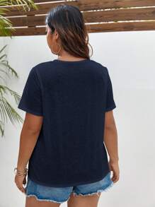 SHEIN Frenchy Hơn Chất rắn Vá Túi Áo thun - Màu xanh hải quân - Xem 2