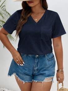 SHEIN Frenchy Hơn Chất rắn Vá Túi Áo thun - Màu xanh hải quân - Xem 4