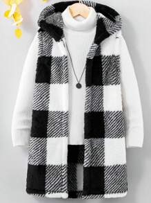 SHEIN Tween Girl 1pc Buffalo Plaid Pattern Hooded Teddy Coat - Black and White - View 1