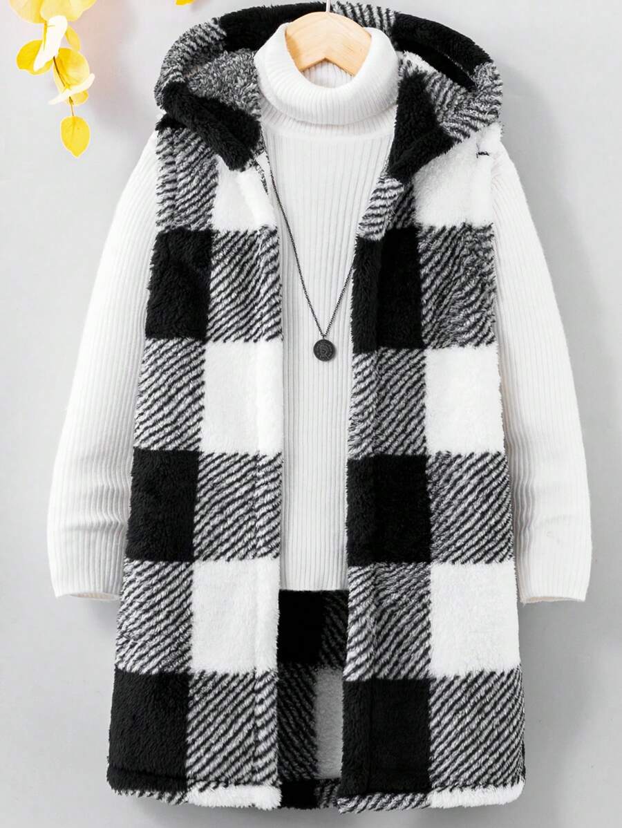 SHEIN Tween Girl 1pc Buffalo Plaid Pattern Hooded Teddy Coat - Black and White - View 1