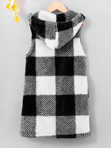 SHEIN Tween Girl 1pc Buffalo Plaid Pattern Hooded Teddy Coat - Black and White - View 2