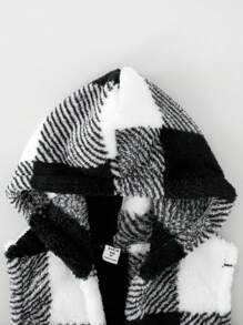 SHEIN Tween Girl 1pc Buffalo Plaid Pattern Hooded Teddy Coat - Black and White - View 3
