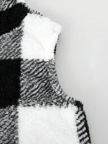 SHEIN Tween Girl 1pc Buffalo Plaid Pattern Hooded Teddy Coat - Black and White - View 4