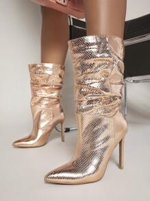SHUZIA Metallic PU Leather Pointy Toe Stiletto Heel Slouchy Boots - Gold - View 6