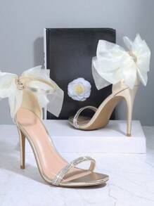 水鑽&蝴蝶結裝飾細跟踝帶平底涼鞋 - 香檳色 - 查看 1