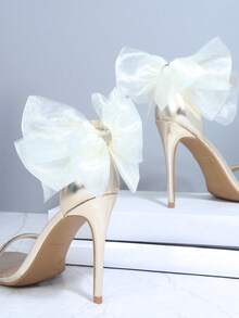 水鑽&蝴蝶結裝飾細跟踝帶平底涼鞋 - 香檳色 - 查看 4