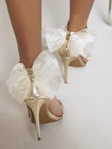 水鑽&蝴蝶結裝飾細跟踝帶平底涼鞋 - 香檳色 - 查看 6