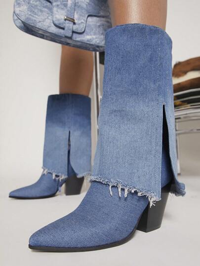 SHUZIA Denim Pointed Toe Slip On Boots