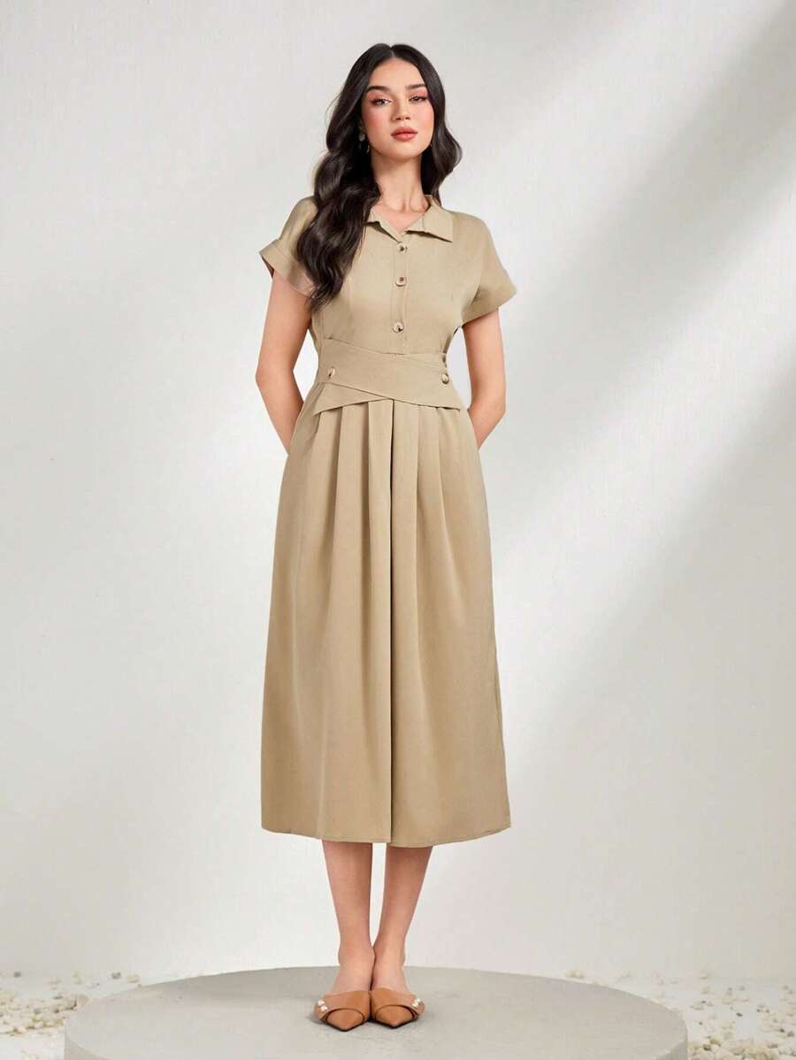 Mulvari Solid Button Front Fold Pleated Detail Shirt Dress - Khaki - View 1