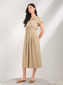 Mulvari Solid Button Front Fold Pleated Detail Shirt Dress - Khaki - View 3
