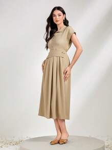 Mulvari Solid Button Front Fold Pleated Detail Shirt Dress - Khaki - View 4